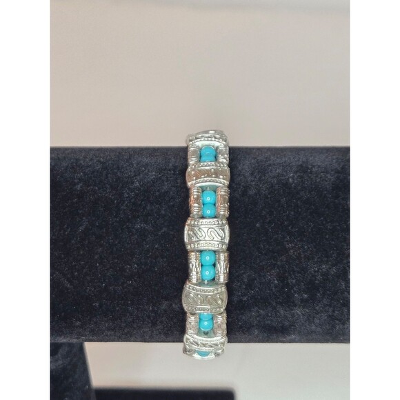 Jewelry - Silver Tone Bracelet Adjustable Length with Teal Beads and S Design